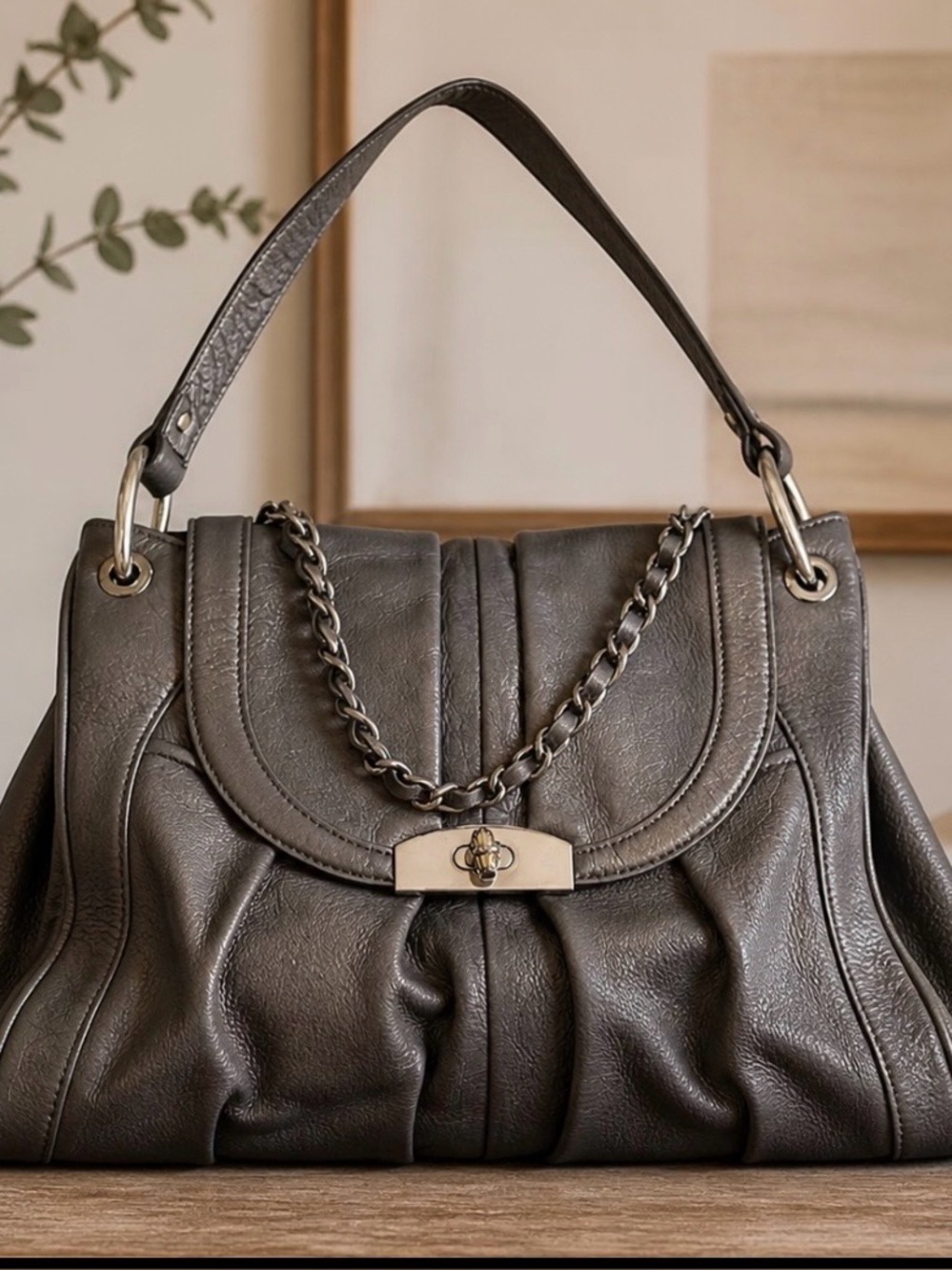 B. Makowsky Leather Shoulder Bag Soft Slouchy Neutral Large Pewter Silver